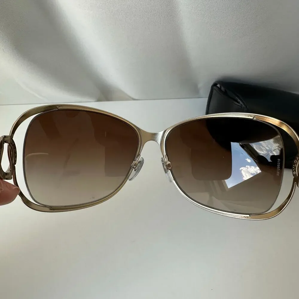Bvlgari 6026 Oversized Sunglasses Gold Brown Gradient Logo Temple w/ Case